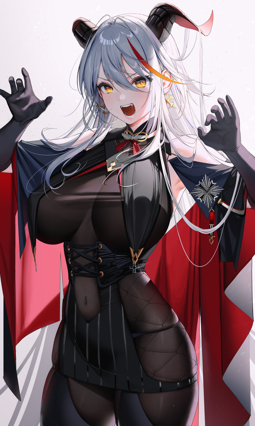 1girl, absurdly_long_hair, absurdres, aegir_(azur_lane), azur_lane, black_cape, black_gloves, bodystocking, breast_curtains, breasts, cape, covered_navel, cowboy_shot, demon_horns, dore_(gilles_dore), fangs, gloves, grey_background, hair_between_eyes, highres, horns, huge_filesize, large_breasts, long_hair, multicolored, multicolored_eyes, multicolored_hair, open_mouth, orange_eyes, orange_hair, redhead, saliva, simple_background, slit_pupils, solo, streaked_hair, teeth, very_long_hair, white_hair, yellow_eyes
