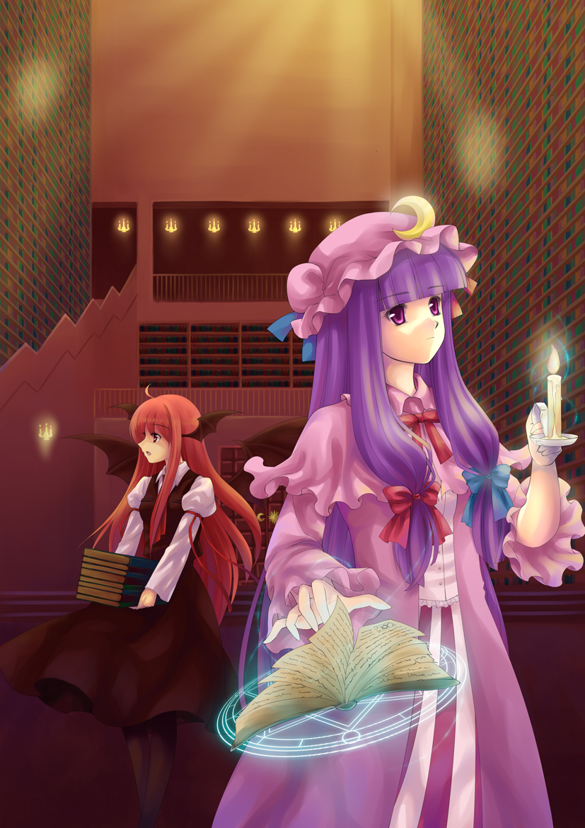 2girls, ahoge, bangs, bat_wings, blunt_bangs, book, bookshelf, candle
