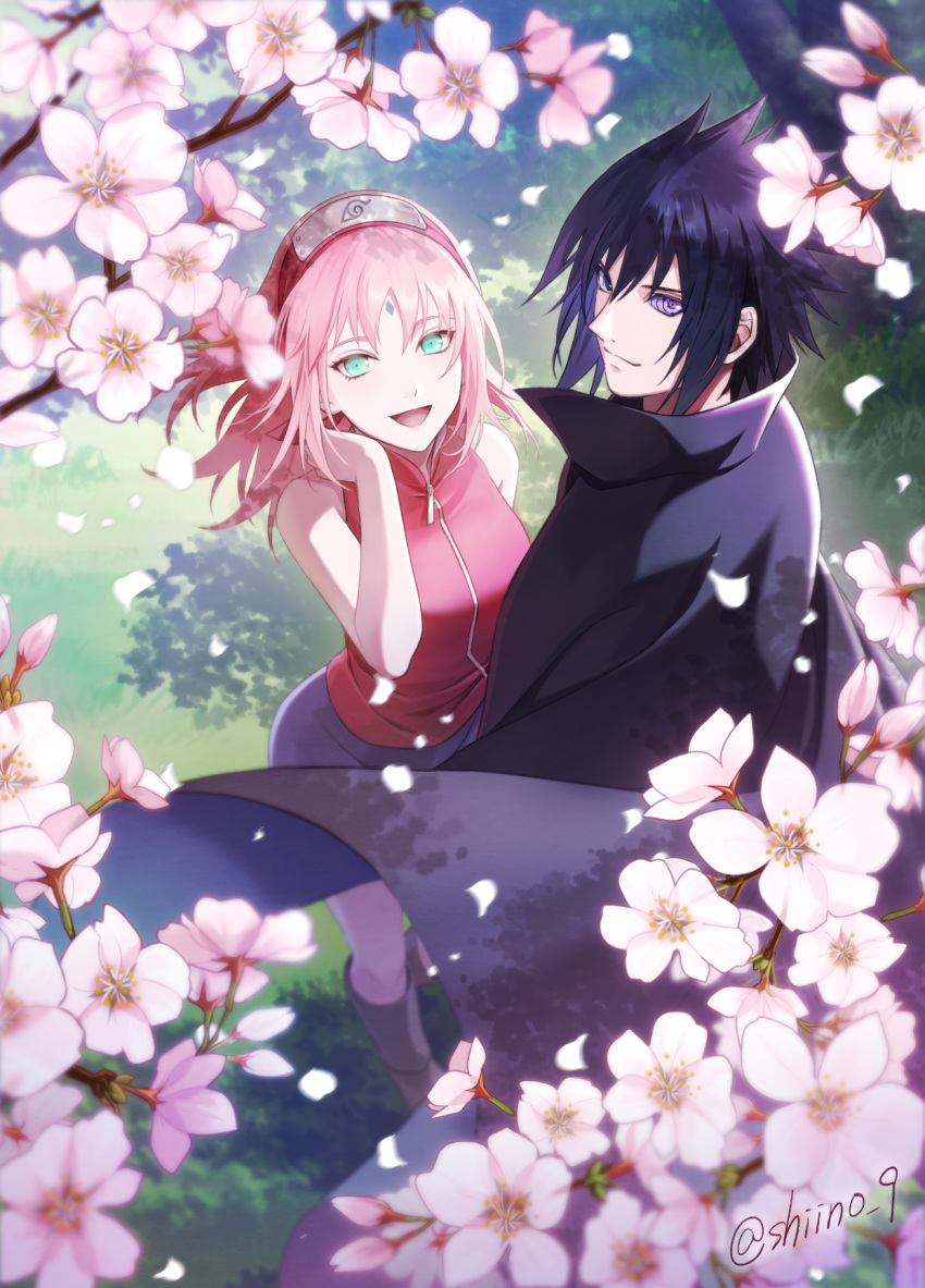 1boy, 1girl, black_hair, boots, branch, cherry_blossoms, cloak, couple, facial_mark, forehead_mark, forehead_protector, grass, green_eyes, haruno_sakura, heterochromia, highres, konohagakure_symbol, medium_hair, naruto_(series), petals, pink_hair, rinnegan, shiino_9, smile, spiky_hair, standing, uchiha_sasuke