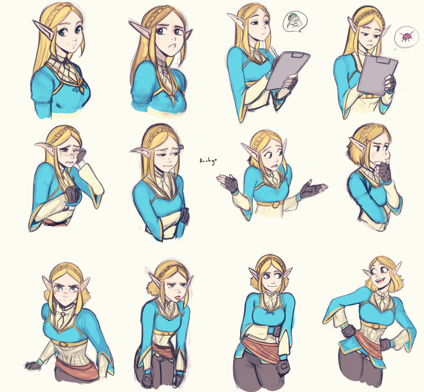 1girl, absurdres, beige_background, black_pants, blonde_hair, blue_eyes, blue_shirt, braid