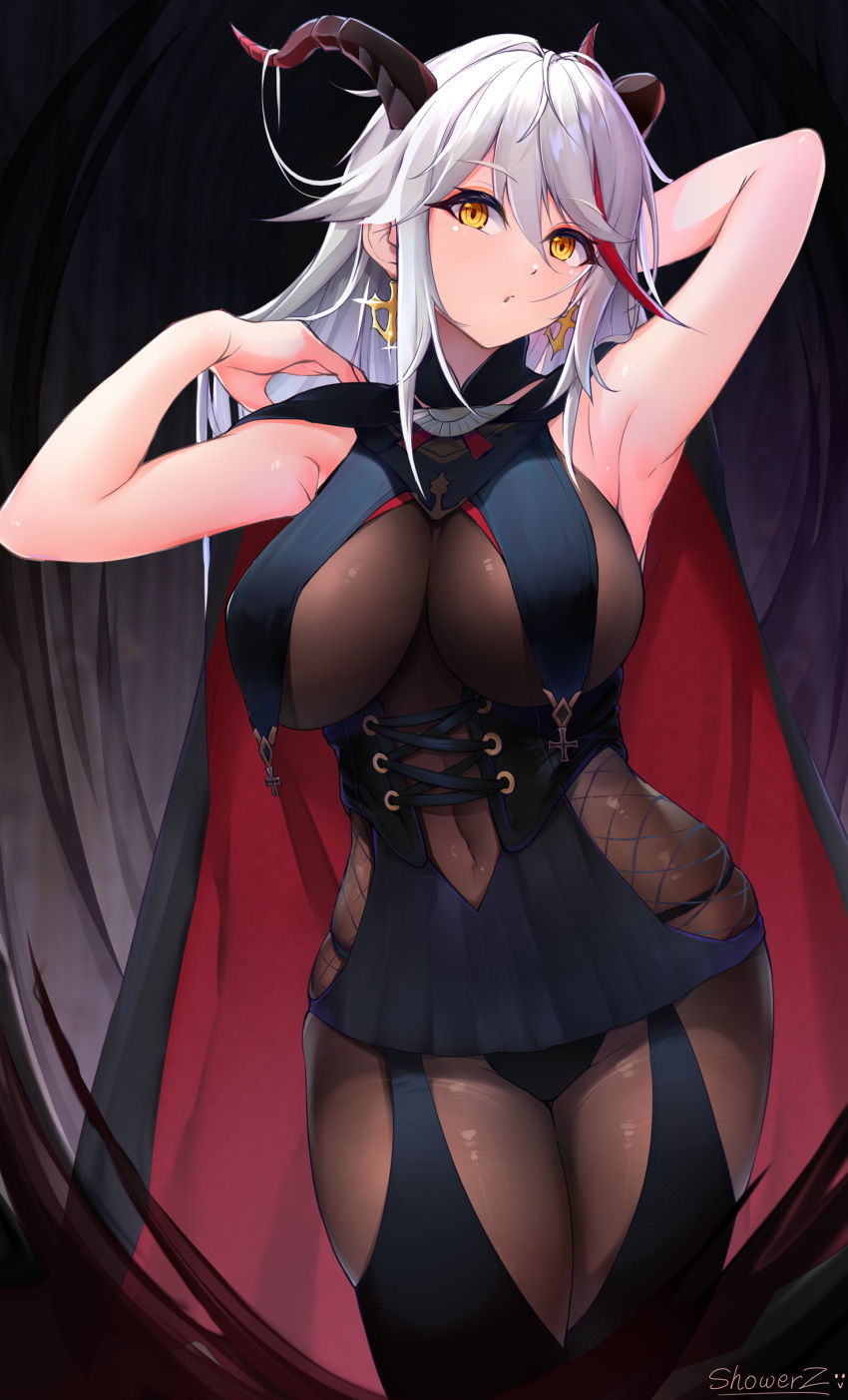 1girl, absurdres, aegir_(azur_lane), artist_name, azur_lane, bare_shoulders, black_cape, black_dress, black_legwear, bodystocking, breast_curtains, breasts, cape, cross, cross_earrings, demon_horns, dress, earrings, hair_on_horn, highres, horns, iron_cross, jewelry, large_breasts, long_hair, looking_at_viewer, microdress, multicolored_hair, redhead, revealing_clothes, showerz, skin_tight, solo, streaked_hair, two-tone_hair, white_hair, yellow_eyes