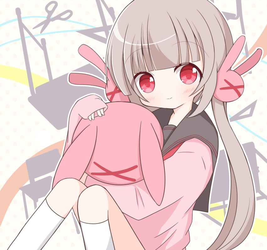 1girl, absurdres, bangs, blunt_bangs, blush, bunny_hair_ornament, cardigan, chibi