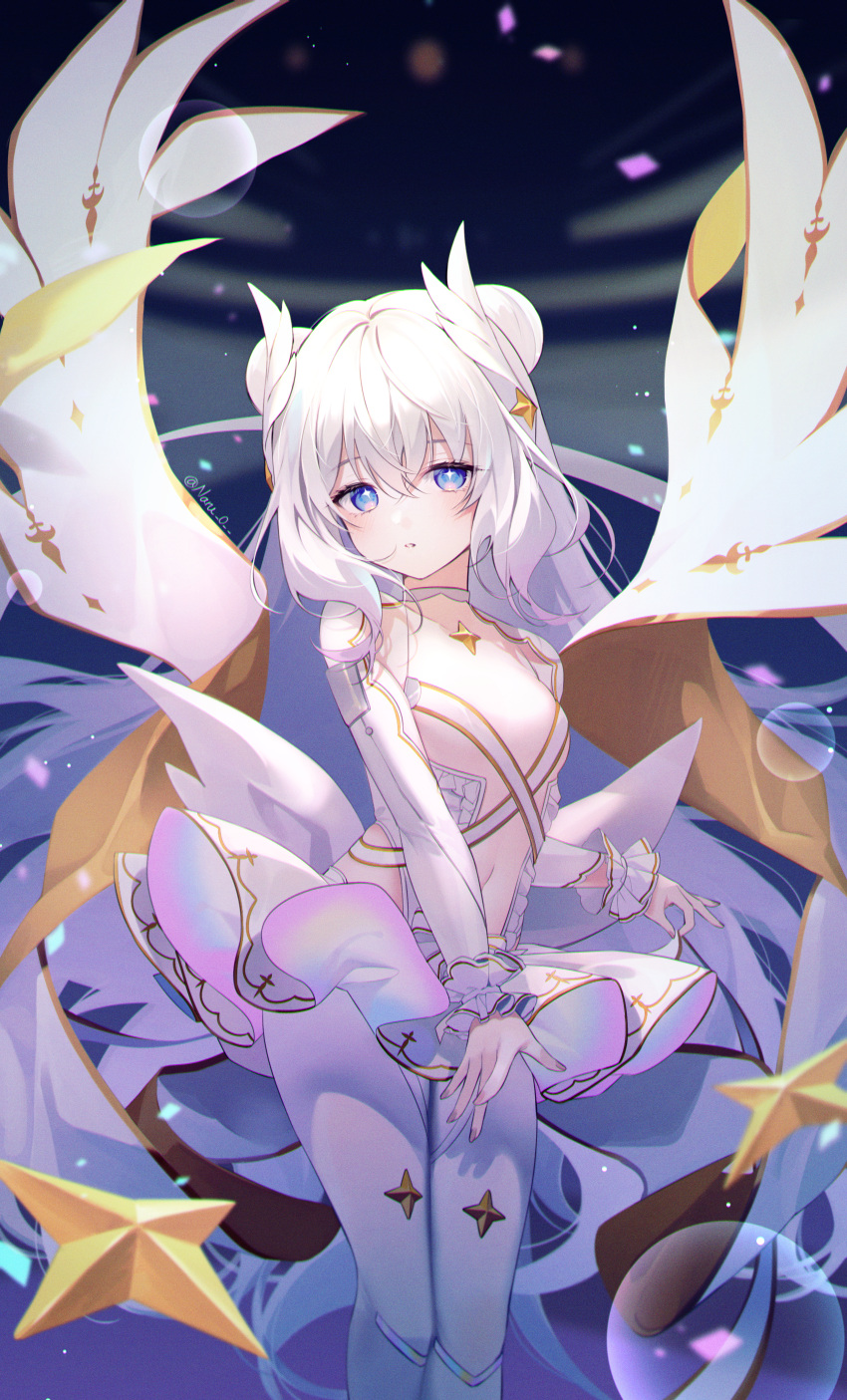 +_+, 1girl, absurdres, azur_lane, bangs, blue_eyes, breasts, commentary_request, double_bun, dress, eyebrows_visible_through_hair, hair_between_eyes, highres, huge_filesize, le_malin_(azur_lane), le_malin_(muse)_(azur_lane), long_hair, long_sleeves, looking_at_viewer, naru_0, navel, parted_lips, see-through, sidelocks, signature, silver_hair, small_breasts, solo, standing, star_(symbol), stomach, symbol-shaped_pupils, tutu, twitter_username, very_long_hair, white_dress, white_legwear, wrist_cuffs