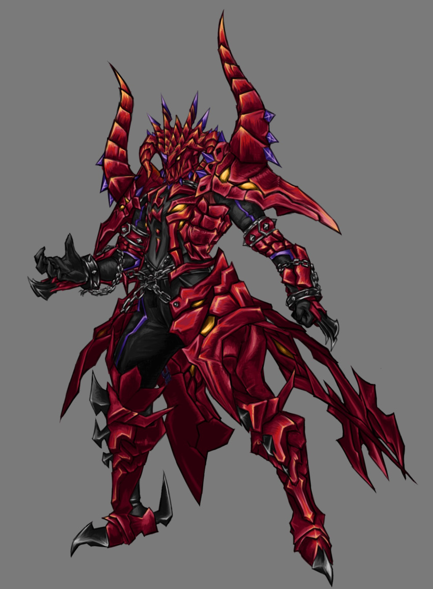 1other, chain, demon_tail, farial, grey_eyes, heel_blade, highres, horned_shoulder