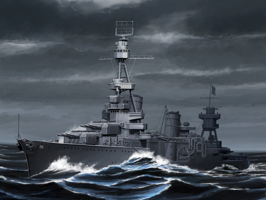 american_flag, anchor, cannon, cruiser, highres, military, military_vehicle, no_humans, ocean, original, ship, shiro_yukimichi, turret, united_states_navy, uss_northampton_(ca-26), warship, water, watercraft, waves, world_war_ii