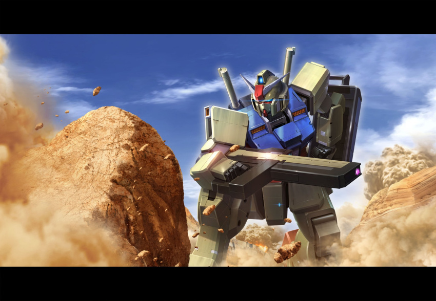 blue_eyes, g.yamamoto, glowing, glowing_eye, gun, gundam, highres, holding