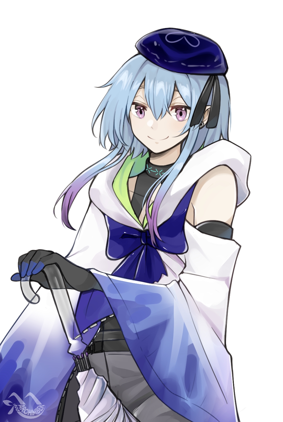 1girl, archimbek, arknights, bangs, bare_shoulders, beret, black_choker, black_gloves