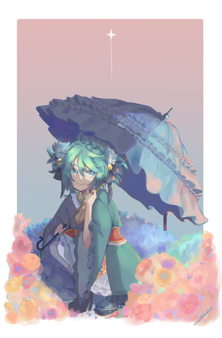 1boy, absurdres, aeriselle, flower, green_eyes, green_hair, hair_between_eyes, hair_ornament