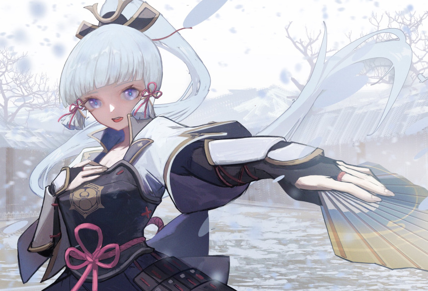 1girl, armor, armored_dress, bangs, bare_tree, black_gloves, blue_eyes, blunt_bangs
