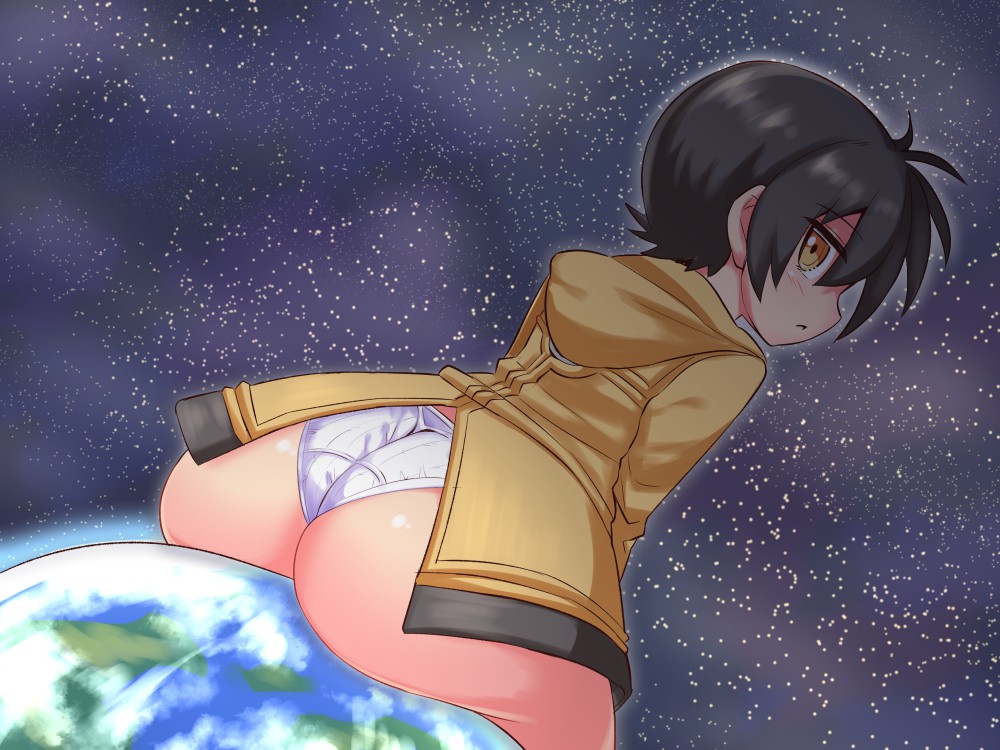1girl, ass, black_hair, cougar_(cougar1404), earth_(planet), hood, hooded_jacket, jacket
