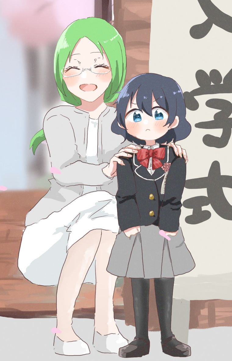 2girls, alternate_costume, black_hair, black_jacket, black_legwear, blue_eyes, blush, bow, bowtie, brown_footwear, casual, child, closed_eyes, collared_shirt, commentary_request, eyebrows_visible_through_hair, glasses, green_hair, grey_jacket, grey_skirt, hands_on_another's_shoulders, jacket, kemono_friends, loafers, long_hair, long_sleeves, mirai_(kemono_friends), multiple_girls, pantyhose, pencil_skirt, plaid_neckwear, pleated_skirt, red_neckwear, school_uniform, shirt, shoes, short_hair, skirt, squatting, white_footwear, white_shirt, white_skirt, yodaka_miy, younger