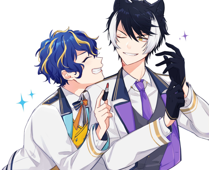 2boys, astel_leda, black_gloves, black_hair, blonde_hair, blue_hair, closed_eyes, cosmetics