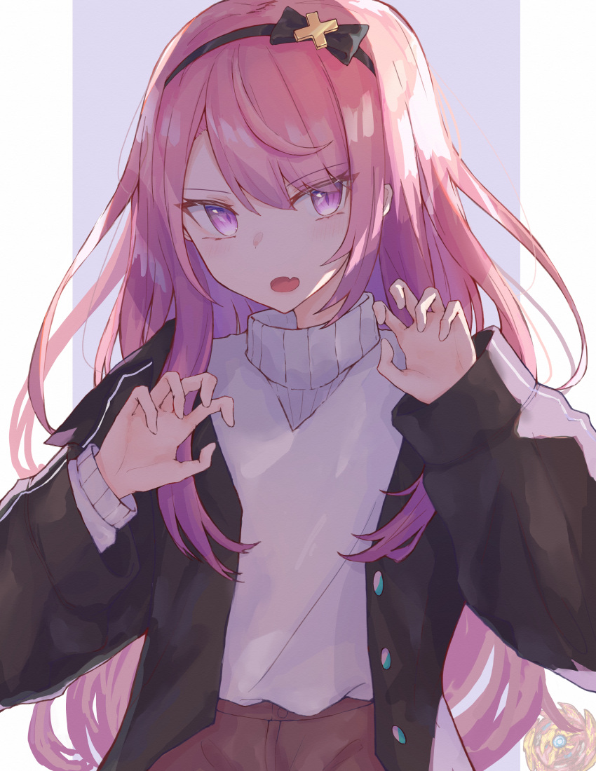 1boy, absurdres, androgynous, black_hairband, black_jacket, claw_pose, commentary_request, fang