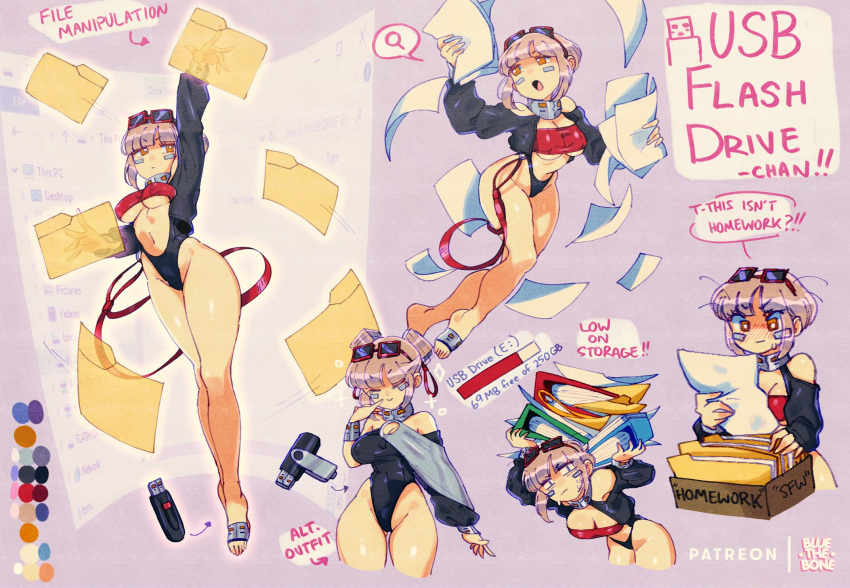 1girl, bandeau, bluethebone, breasts, covered_navel, english_text, eyewear_on_head, flash_drive
