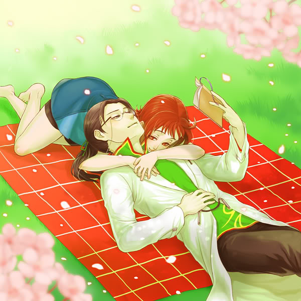 1girl, angela_(harvest_moon), blanket, book, cherry_blossoms, chinese_clothes, couple, hal_(sakurajam)