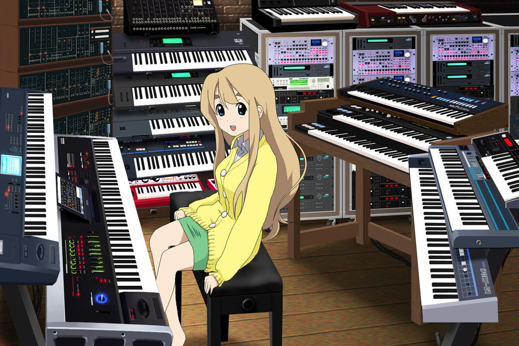 blue_eyes, casual, instrument, k-on!, keyboard_(instrument), kotobuki_tsumugi, long_hair, richard_crazyman