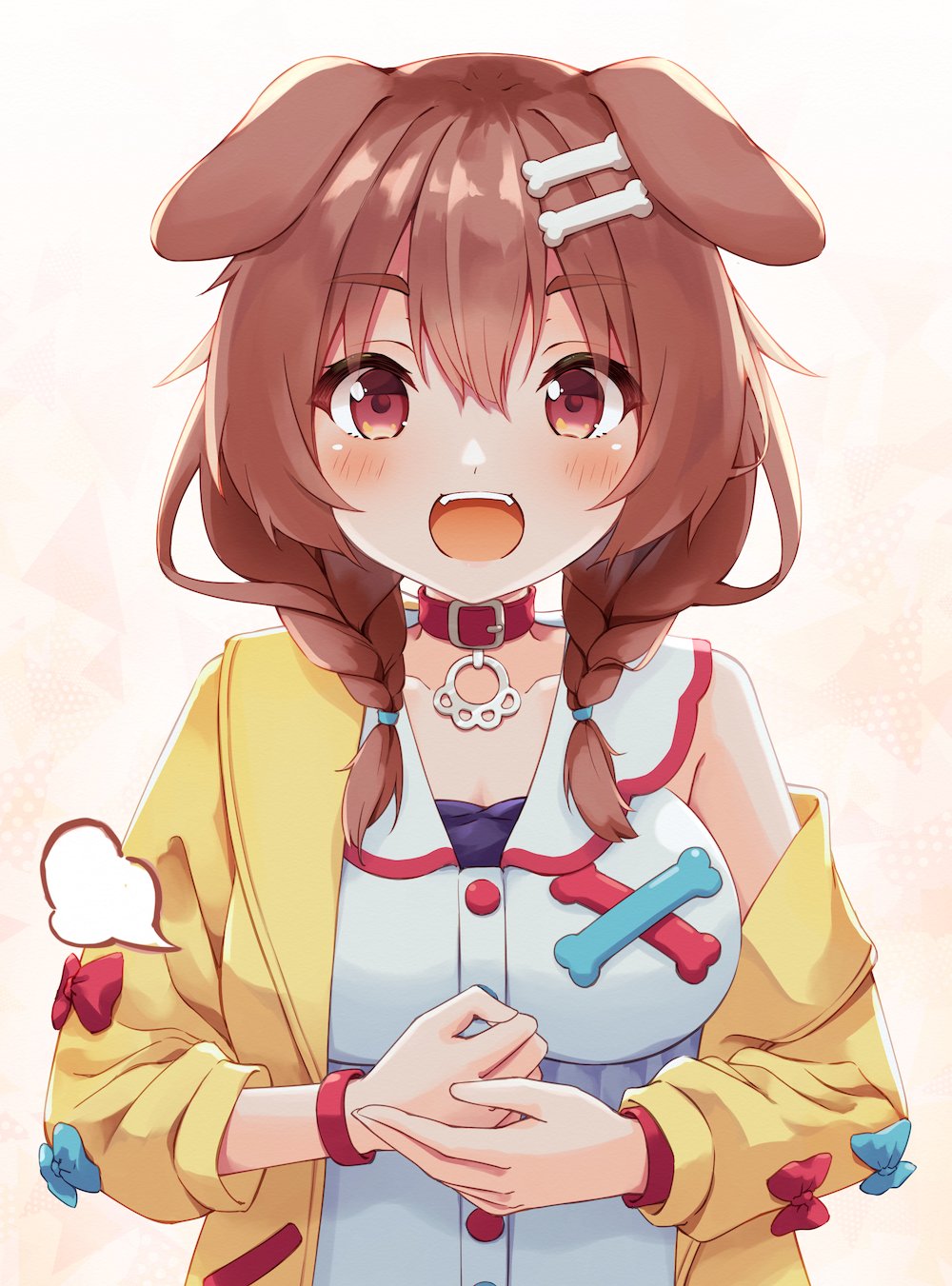 1girl, :d, animal_collar, animal_ears, bangs, blush, bone_hair_ornament, bracelet