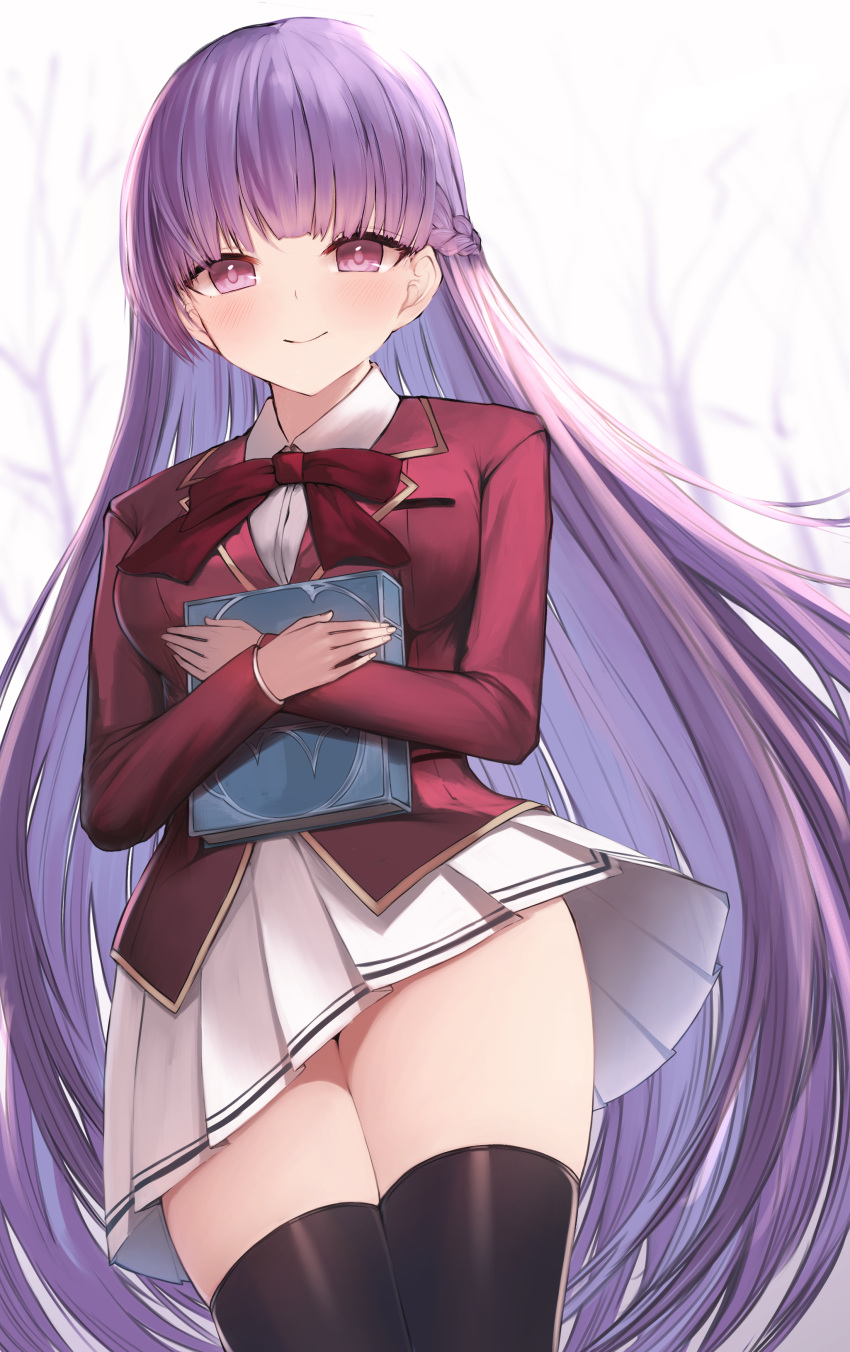 1girl, absurdres, advanced_nurturing_high_school_uniform, black_legwear, blazer, blush, book, breasts