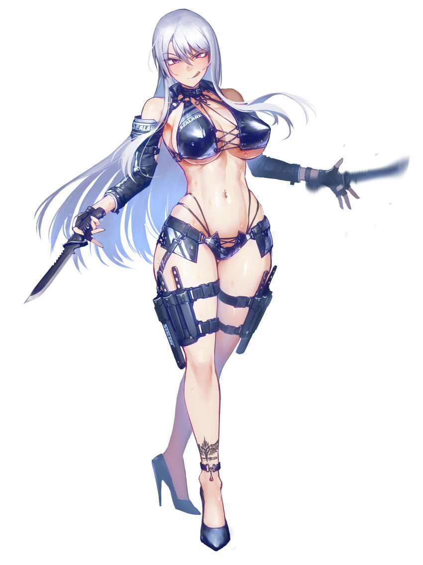 bikini, breasts, character_request, choker, dairoku_youhei, detached_sleeves, fingerless_gloves, gloves, hetza_(hellshock), high_heels, highleg, highleg_panties, highres, holding, holding_knife, holster, knife, large_breasts, licking_lips, long_hair, looking_at_viewer, motion_blur, navel, navel_piercing, panties, piercing, silver_hair, swimsuit, tattoo, thigh_holster, tongue, tongue_out, transparent_background, underwear, violet_eyes, water_drop