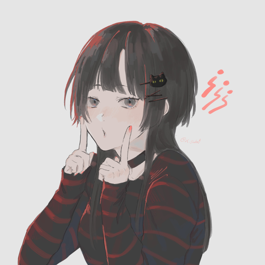 1girl, bangs, black_hair, black_neckwear, black_shirt, blush, cat_hair_ornament, choker
