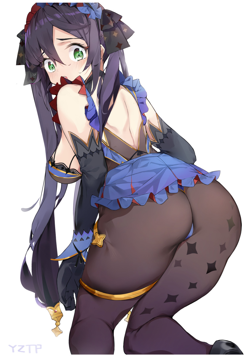 1girl, absurdres, adapted_costume, ass, bangs, black_hair, black_legwear, blue_leotard