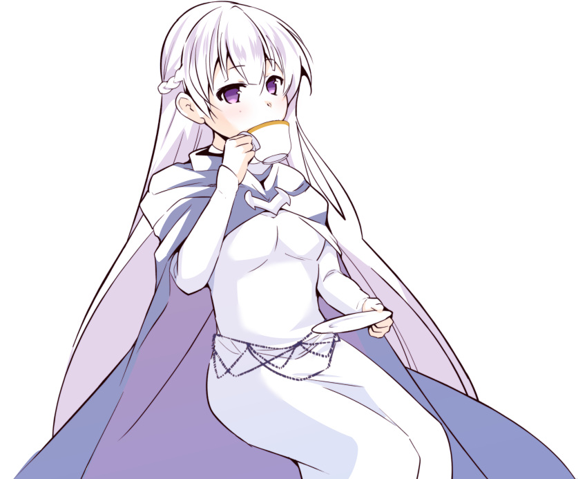 1girl, absurdly_long_hair, belly_chain, blue_dress, cloak, commission, commissioner_upload, dress, drinking, expressionless, fire_emblem, fire_emblem:_the_binding_blade, highres, jewelry, long_hair, looking_at_viewer, marianne_hanako, purple_cloak, purple_hair, sitting, skeb_commission, solo, sophia_(fire_emblem), tea, teapot, transparent_background, very_long_hair, violet_eyes
