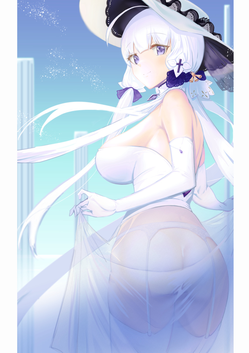 1girl, absurdres, ass, azur_lane, back, bangs, bare_shoulders, blue_sky