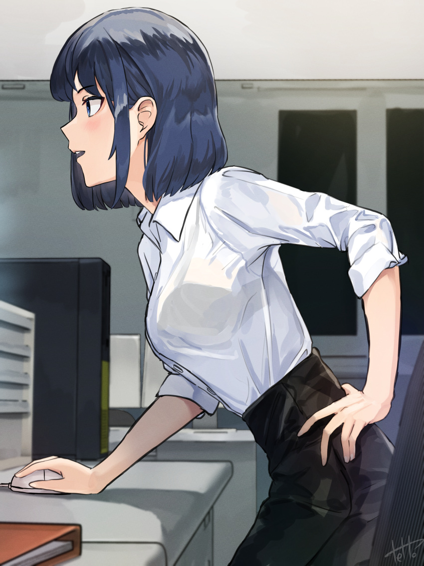 1girl, absurdres, artist_name, bangs, binder, black_skirt, blue_eyes, blue_hair
