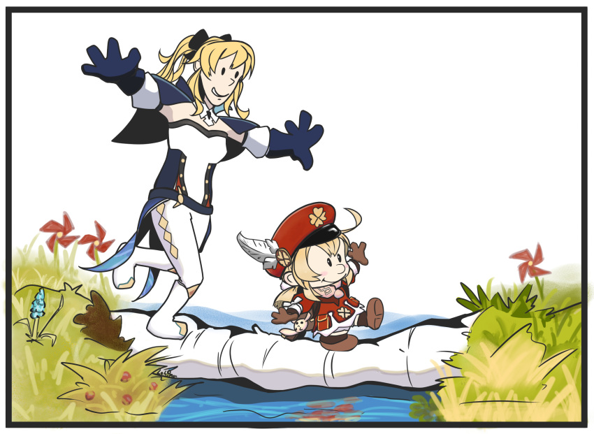 2girls, ahoge, backpack, bag, bag_charm, balancing, bangs, bill_watterson_(style)