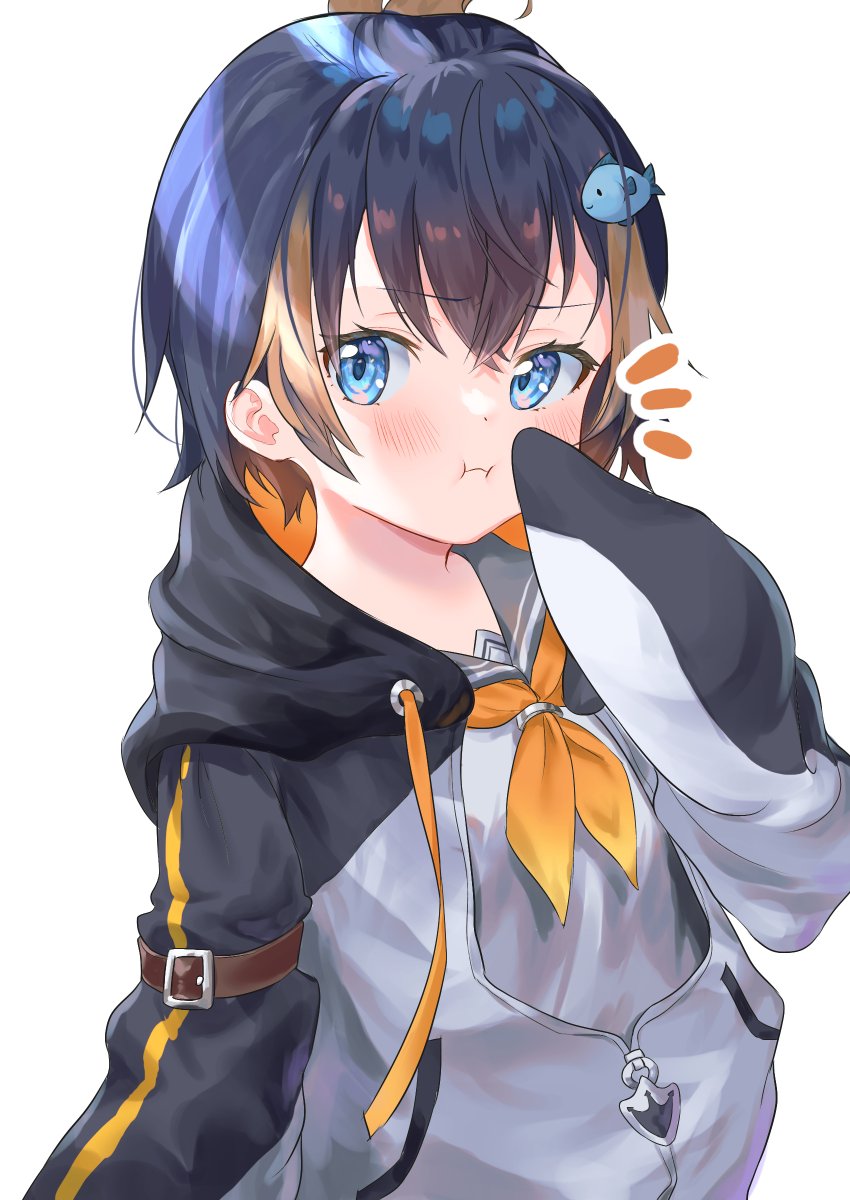 1girl, bangs, black_hoodie, blush, drawstring, eyebrows_visible_through_hair, fish_hair_ornament, hair_behind_ear