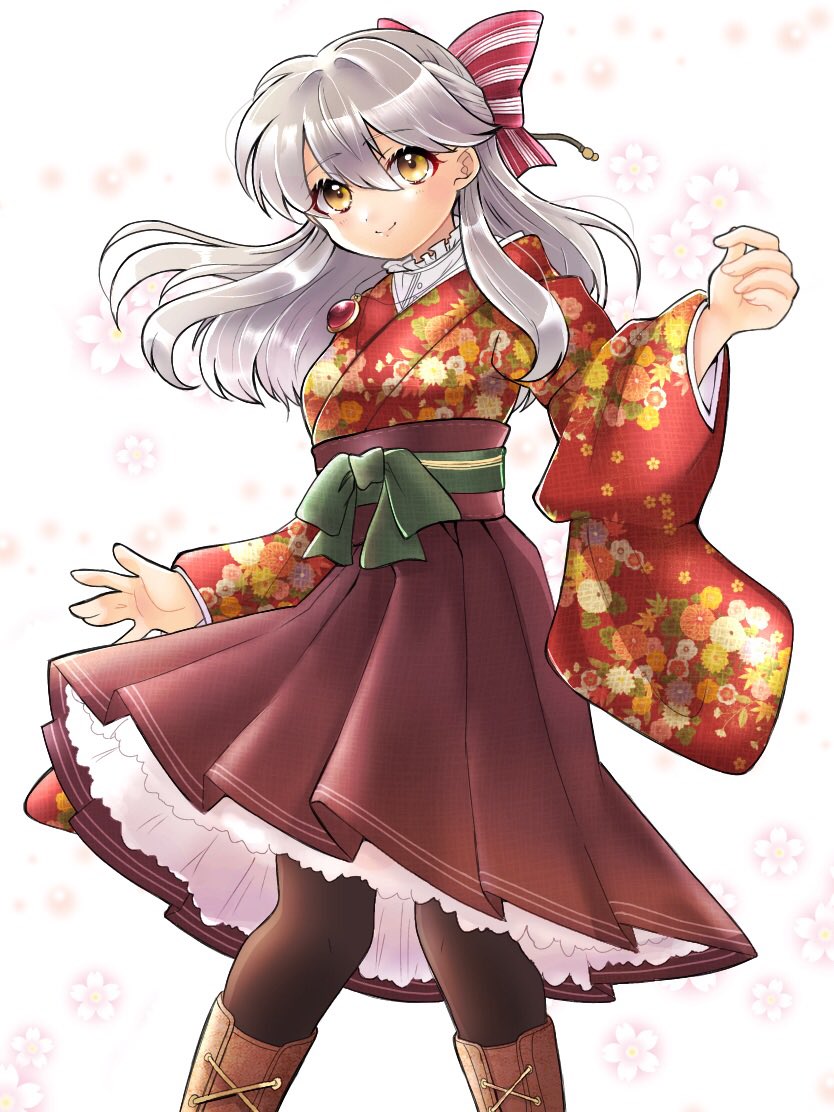 1girl, alternate_costume, black_legwear, boots, bow, cherry_blossoms, fire_emblem, fire_emblem:_radiant_dawn