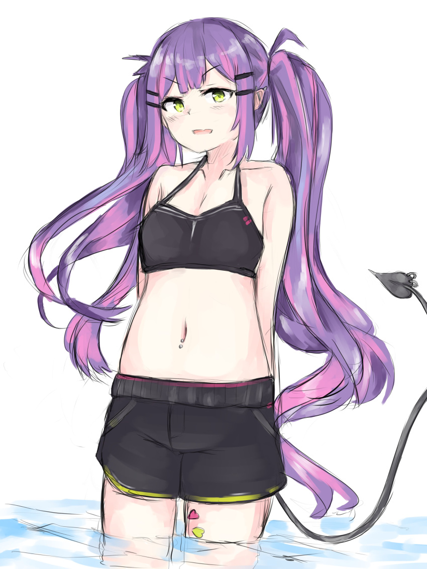 1girl, absurdres, black_shorts, breasts, collarbone, demon_girl, demon_tail, fang