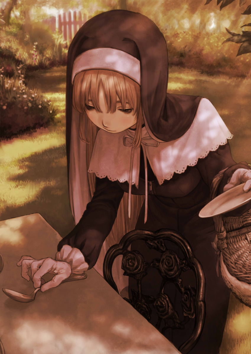 1girl, absurdres, bangs, basket, black_eyes, blush, brown_hair, bush, carving, chair, closed_mouth, fence, flower, gate, gloves, grass, habit, highres, holding, holding_plate, hotateyuki, leaning_forward, light_blush, light_rays, long_hair, long_sleeves, looking_down, nijisanji, nun, outdoors, picnic_basket, pink_flower, plant, plate, ribbon, sister_cleaire, solo, spoon, standing, sunbeam, sunlight, table, tree, tree_shade, virtual_youtuber, white_flower, white_gloves, white_neckwear, white_ribbon