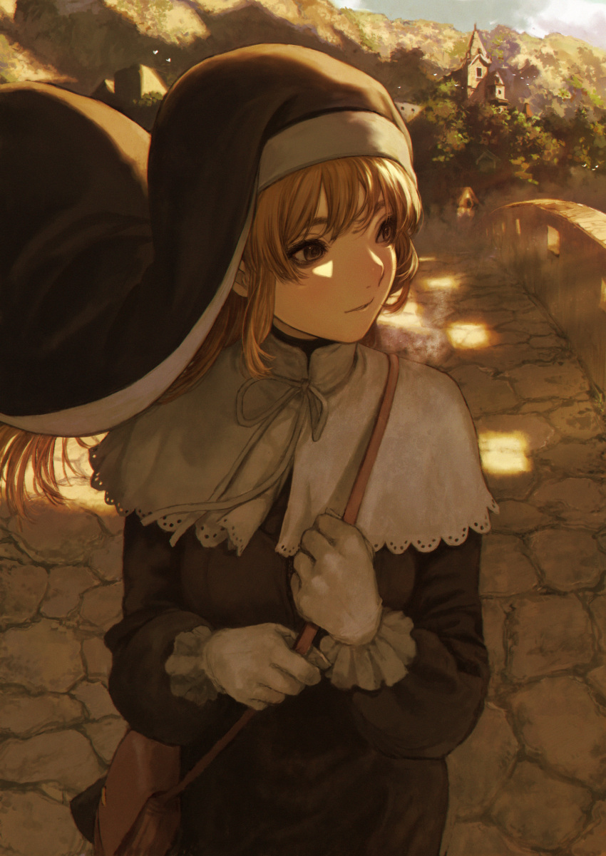 1girl, absurdres, bag, bangs, brown_eyes, brown_hair, gloves, habit