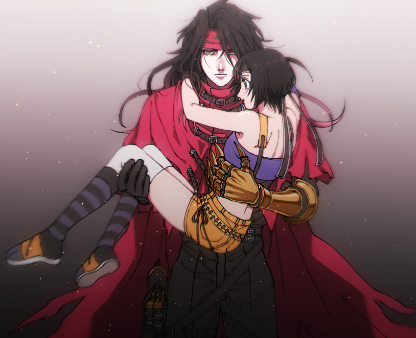 1boy, 1girl, boots, carrying_person, clawed_gauntlets, cloak, dirge_of_cerberus_final_fantasy_vii, final_fantasy, final_fantasy_vii, girisyanoneko, hairband, highres, long_hair, looking_ahead, red_cloak, red_eyes, short_hair, shorts, shoulder_strap, vincent_valentine, yuffie_kisaragi