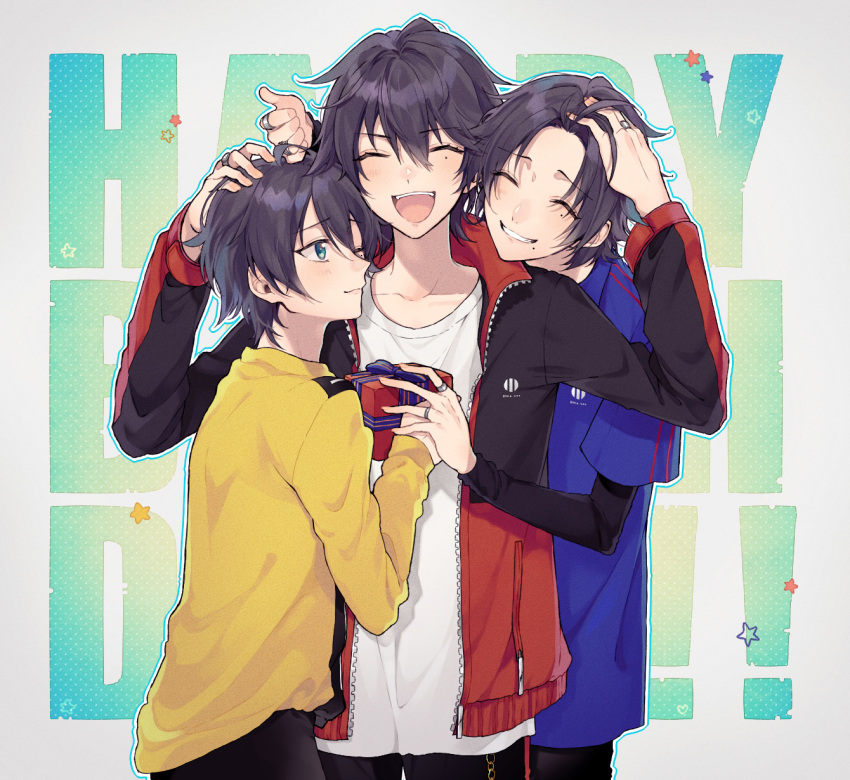 3boys, :d, ;), ^_^, background_text, bangs, black_hair, black_jacket, black_pants, blue_shirt, brothers, chisumi, closed_eyes, closed_mouth, collarbone, collared_shirt, commentary_request, eyebrows_visible_through_hair, gift, green_eyes, grey_background, grin, hair_between_eyes, hand_on_another's_head, happy_birthday, highres, holding, holding_gift, hypnosis_mic, jacket, jewelry, layered_sleeves, long_sleeves, male_focus, mole, mole_under_mouth, multiple_boys, one_eye_closed, open_clothes, open_jacket, open_mouth, outline, pants, ring, shirt, short_over_long_sleeves, short_sleeves, siblings, smile, star_(symbol), white_outline, white_shirt, yamada_ichirou_(hypnosis_mic), yamada_jirou, yamada_saburou, yellow_shirt