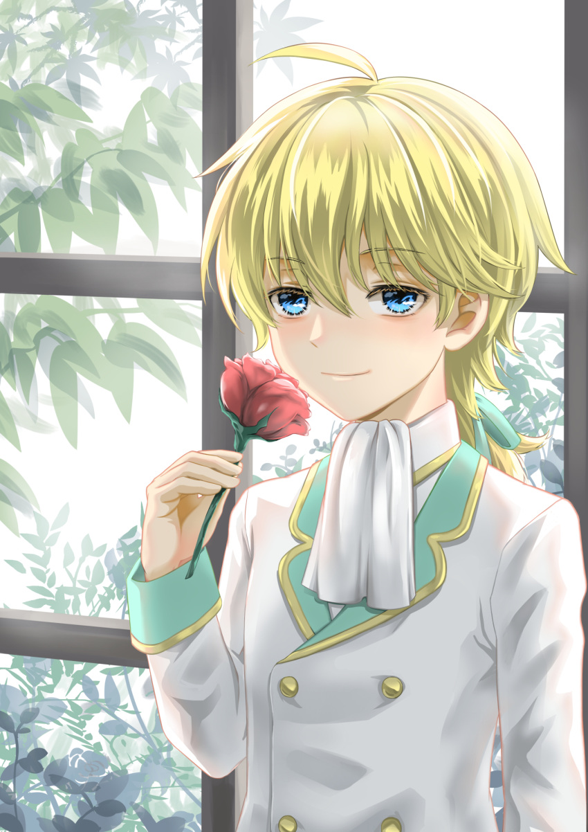 1boy, ahoge, ascot, blonde_hair, day, flower, formal, geordo_stuart, hair_ribbon, highres, holding, holding_flower, lin_dreamer, long_hair, male_focus, otome_game_no_hametsu_flag_shika_nai_akuyaku_reijou_ni_tensei_shite_shimatta, ribbon, rose, suit, upper_body, white_suit, window, younger
