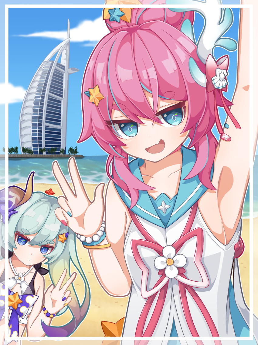 2girls, :d, absurdres, armpits, bangs, beach, blue_eyes, blue_hair