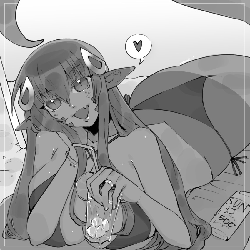 1girl, :d, beach_towel, bikini, breasts, condensation, cup, drinking_glass, drinking_straw, eyebrows_visible_through_hair, fang, hair_between_eyes, hair_ornament, heart, highres, ice, jewelry, lamia, large_breasts, long_hair, lotion, lying, miia_(monster_musume), monster_girl, monster_musume_no_iru_nichijou, on_stomach, open_mouth, pointy_ears, ring, sand, slit_pupils, smile, solo, sucaciic, sunscreen, swimsuit, thought_bubble, towel