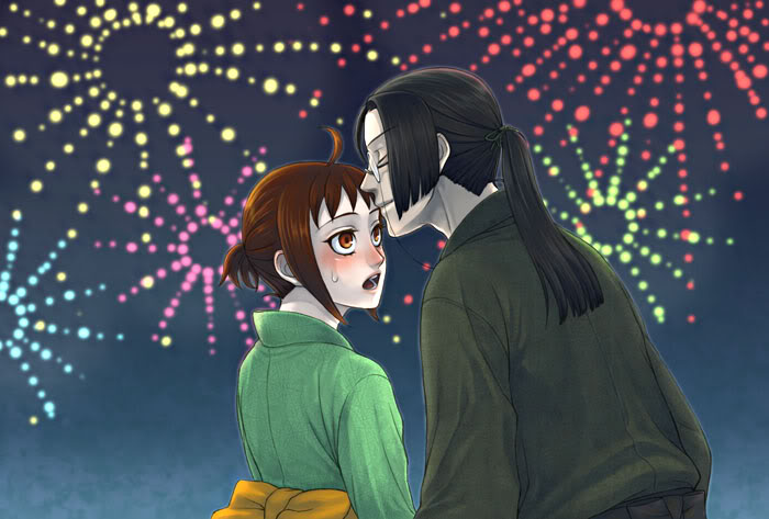 1girl, aerial_fireworks, angela_(harvest_moon), black_hair, blush, brown_eyes, brown_hair, couple