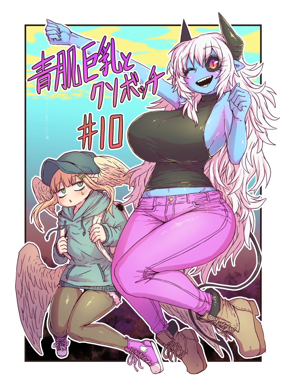 2girls, :<, alternate_costume, angel_and_devil, angel_wings, aohada_bocchi, backpack, bag