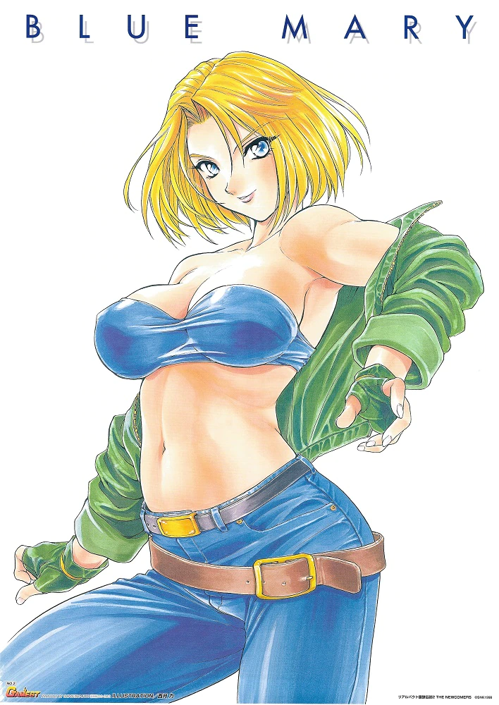 1girl, bandeau, bare_shoulders, blonde_hair, blue_eyes, blue_mary, breasts, character_name