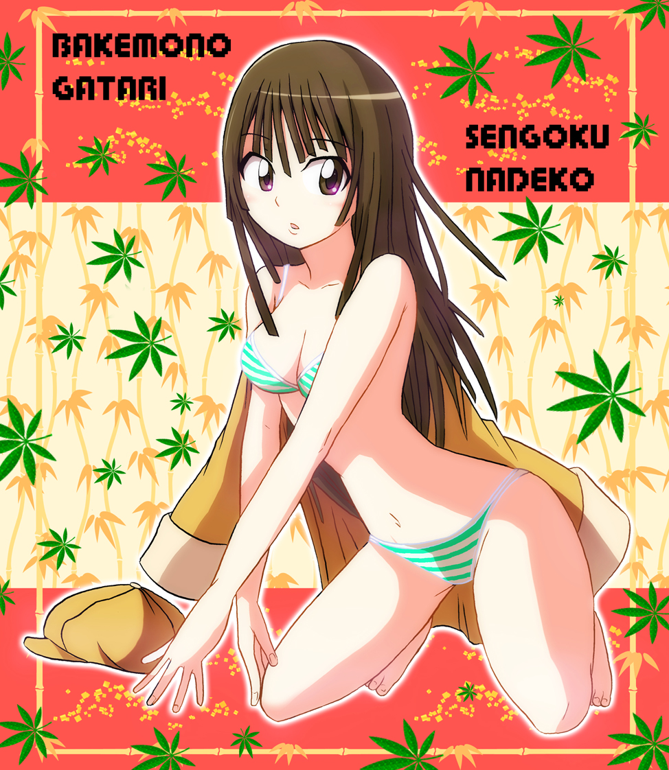 alternate_hairstyle, bad_id, bakemonogatari, barefoot, bikini, brown_eyes, brown_hair, cabbie_hat
