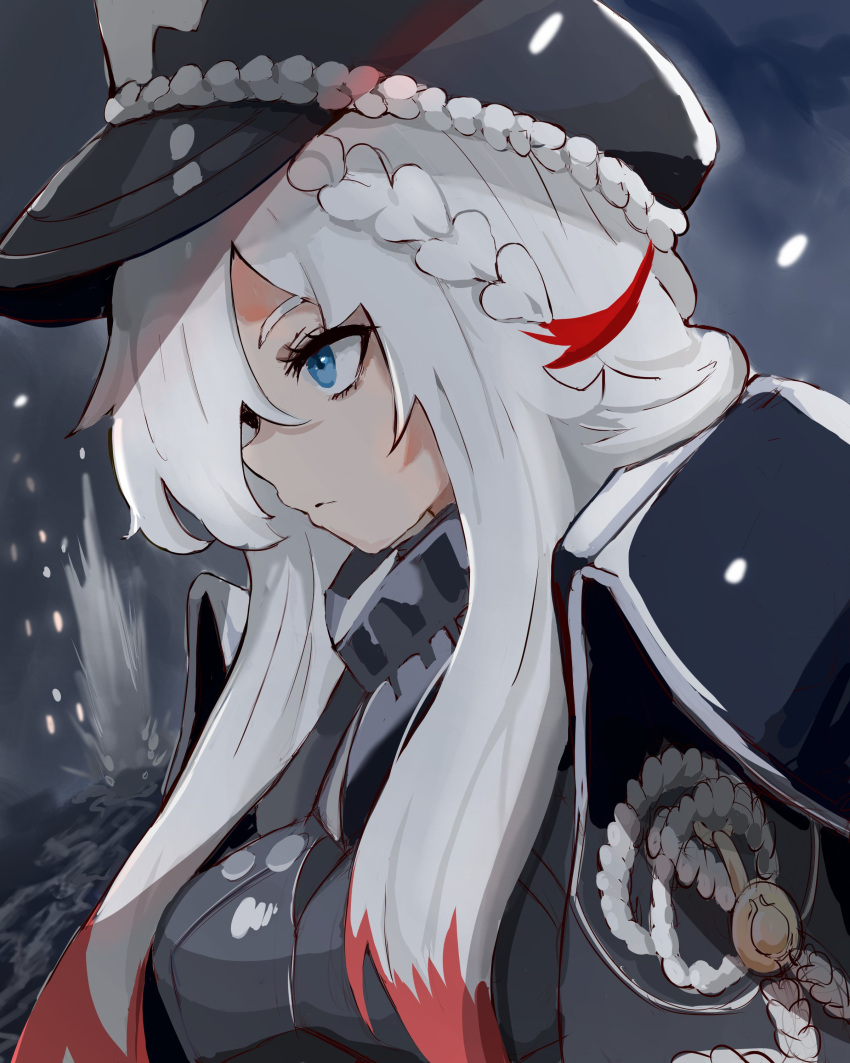 1girl, absurdres, armor, azur_lane, bangs, black_coat, black_headwear, blue_eyes
