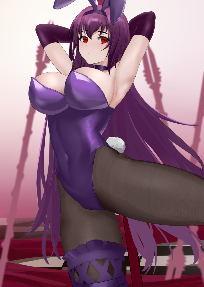 1girl, absurdres, animal_ears, armpits, arms_up, blurry, breasts, depth_of_field
