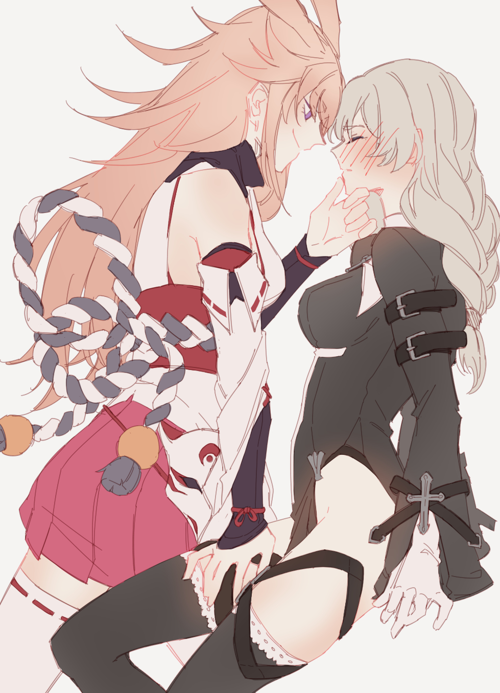 2girls, animal_ears, bangs, bare_shoulders, black_legwear, blaise_(akigayakozato), blush, braid, braided_ponytail, breasts, closed_eyes, closed_mouth, fox_ears, fox_mask, gloves, grey_background, hair_between_eyes, hand_on_another's_cheek, hand_on_another's_face, hand_on_another's_thigh, highres, honkai_(series), honkai_impact_3rd, kallen_kaslana, long_hair, long_sleeves, looking_at_another, mask, multiple_girls, nun, pink_hair, pink_mask, simple_background, smile, thigh-highs, violet_eyes, white_gloves, white_hair, white_legwear, yae_sakura, yae_sakura_(gyakushinn_miko), yuri
