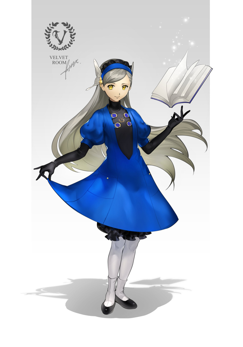 1girl, absurdres, blue_dress, blue_hairband, book, btmr_game, butterfly_hair_ornament, dress