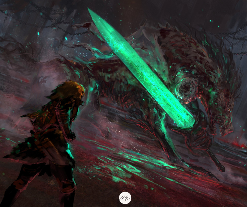 1other, bloodborne, commentary, crossover, english_commentary, highres, holding, holding_sword