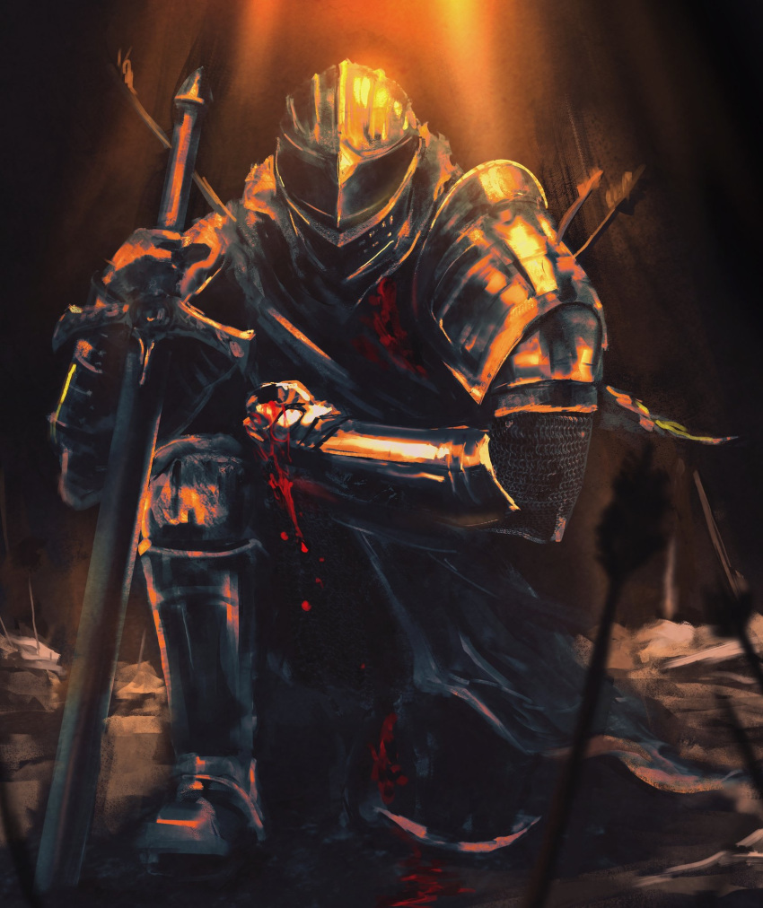 1girl, ambiguous_gender, anri_of_astora, armor, arrow_(projectile), arrow_in_body, bleeding, blood
