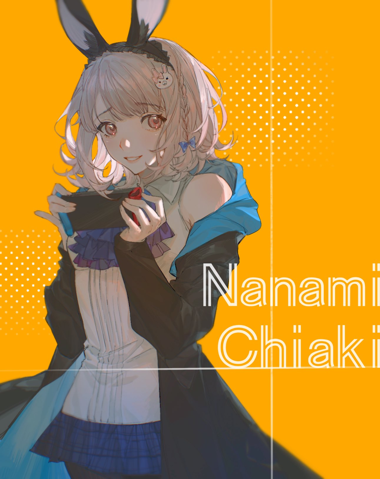 1girl, amiya_(arknights), amiya_(arknights)_(cosplay), animal_ears, bangs, bare_shoulders, black_jacket, blue_skirt